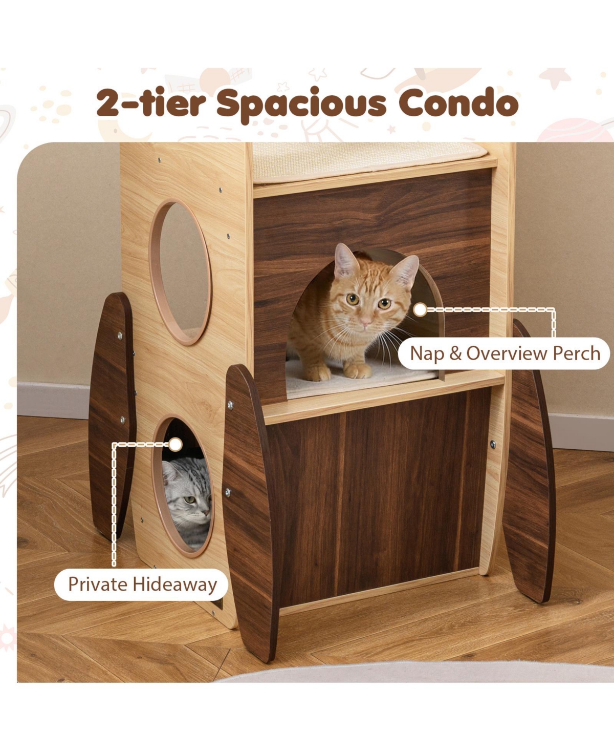 Cozito Rocket Cat Tree 47 in Wooden Cat Tower for Indoor Cats