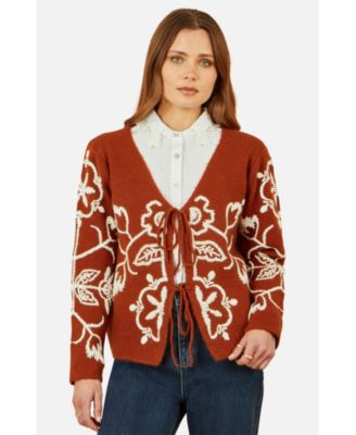 Women's Folk Embroidered Tie Front Cardigan