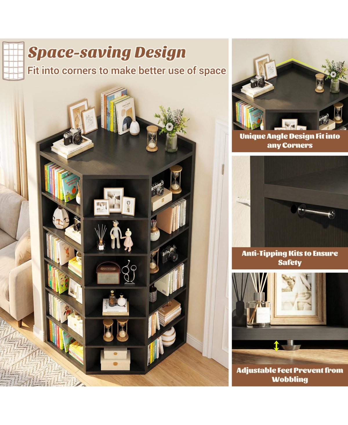 Aheaplus 6-Tier Corner Bookcase Cabinet with 18 Cubbies, Bookshelf Open Storage