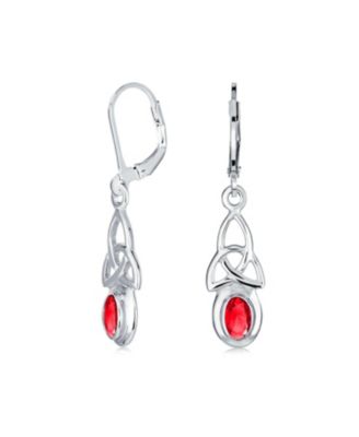 Oval Bezel Set Ruby CZ Celtic Love Knot Dangle Earrings .925 Sterling Silver Leverback