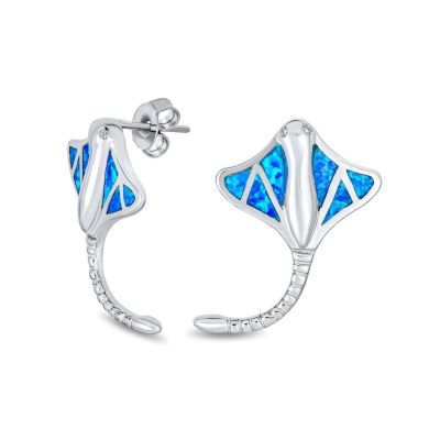 Nautical Created Opal Inlay Large Stingray Stud Earrings .925 Sterling Silver