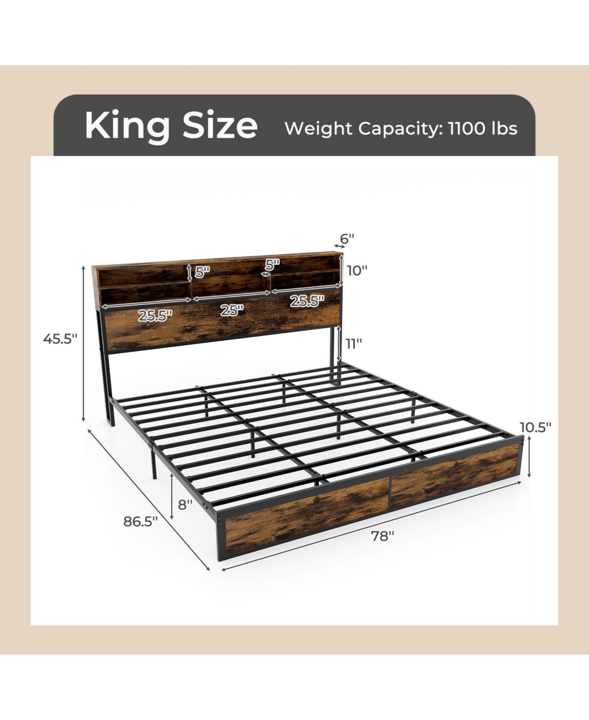 Slickblue Modern Metal Platform Bed with Storage Headboard for Bedroom