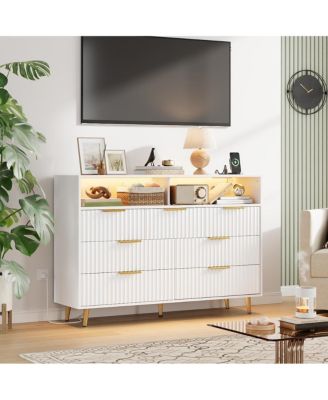 6 Drawers Dresser for Bedroom, 47.2" Wide Dressers with LED Lights and Charging Station, Curved Profile Design, Fluted Wood Drawers with Handle