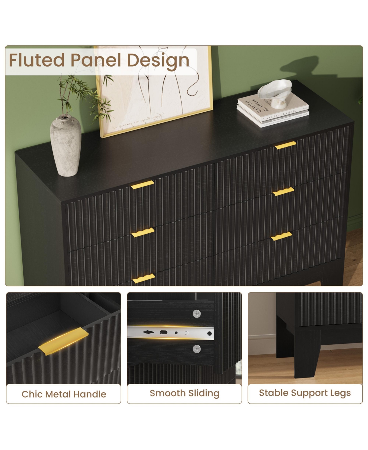 gaomon 6 Drawer Fluted Dresser - Modern Wooden Chest of Drawers with Metal Handle, Clothes Storage Organizer for Bedroom, Hallway, Entryway