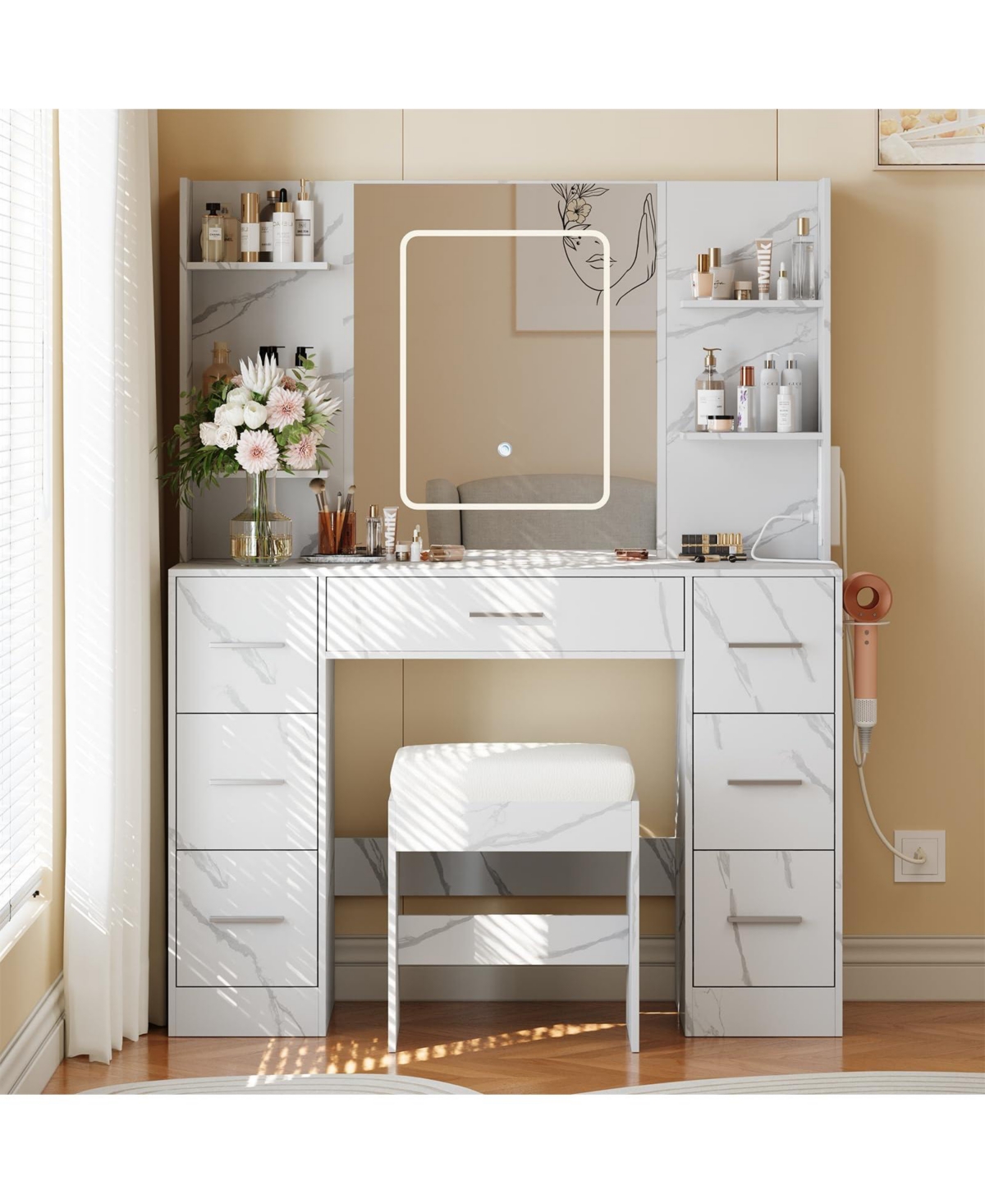 gaomon 43" Large Vanity Desk with 3 Colors Led Light and Mirror - Set Power Outlet Hairdryer Rack Makeup Table