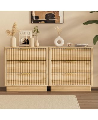 Fluted Nightstand set of 2, Wood Nightstand with 3 Drawers Storage Bedside Table Large Fluted Bed Side End Table, Modern Nightstand for Bedroom