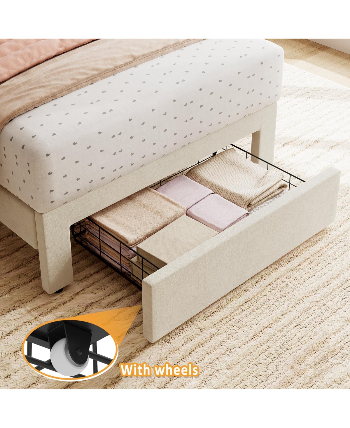 homfan Twin Bed Frame with Under-Bed Drawer, Boucle Upholstered Platform Wave Headboard for Kids/Girls, Wooden Slats Support