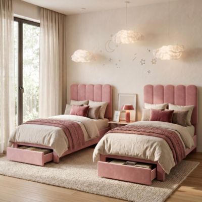 2 Sets Twin Bed Frame with Under-Bed Drawer, Upholstered Platform Bed with Wave Headboard, Wooden Slats Support