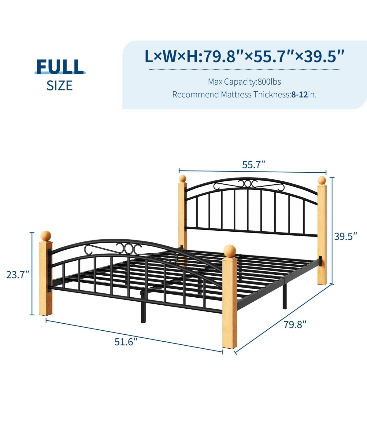 homfan Bed Frame with Headboard and Footboard, Classic Metal Platform Bed Frame Under Storage, Steel Slats, No Box Spring Needed