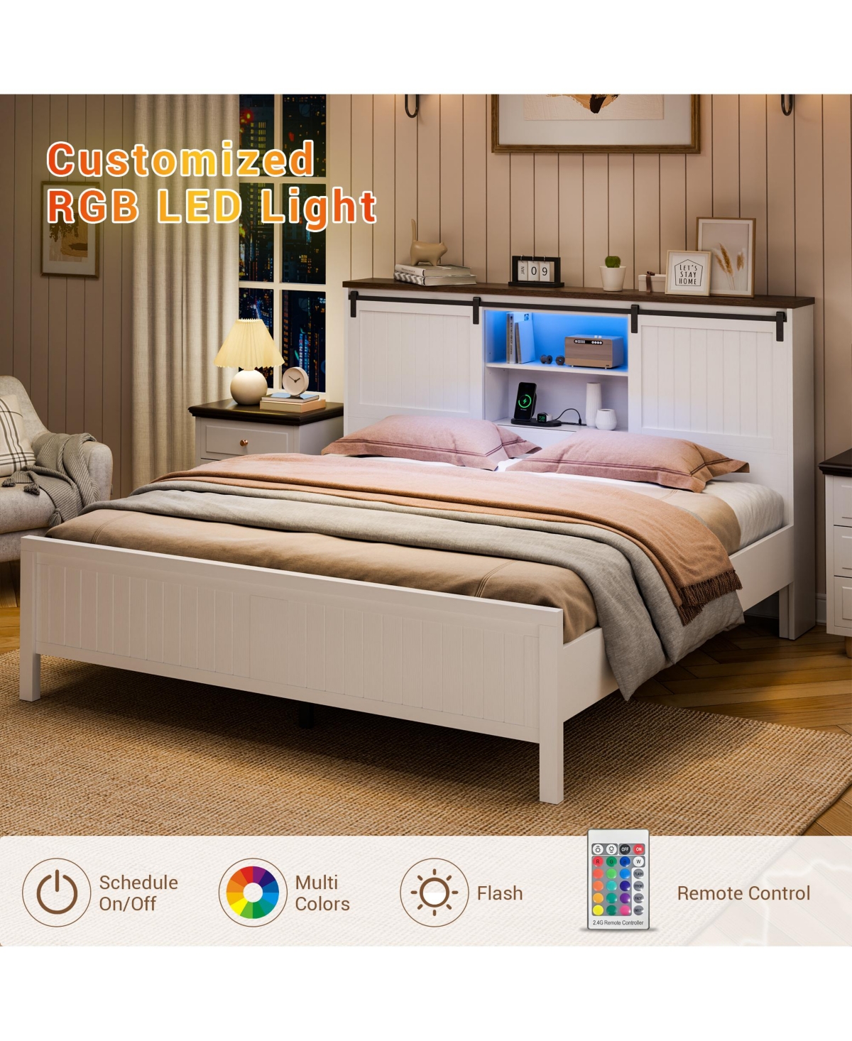homfan Farmhouse Bed Frame with Bookcase Headboard, Led Lighting, Sliding Barn Doors, Storage and Charging Station, Wood Platform