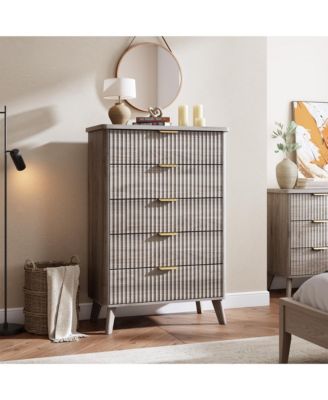 Modern Fluted 5-Drawer Storage Dresser - Curved Profile, Handles, Thickened Chest, Tall 47.2" Wooden Drawers for Living Room