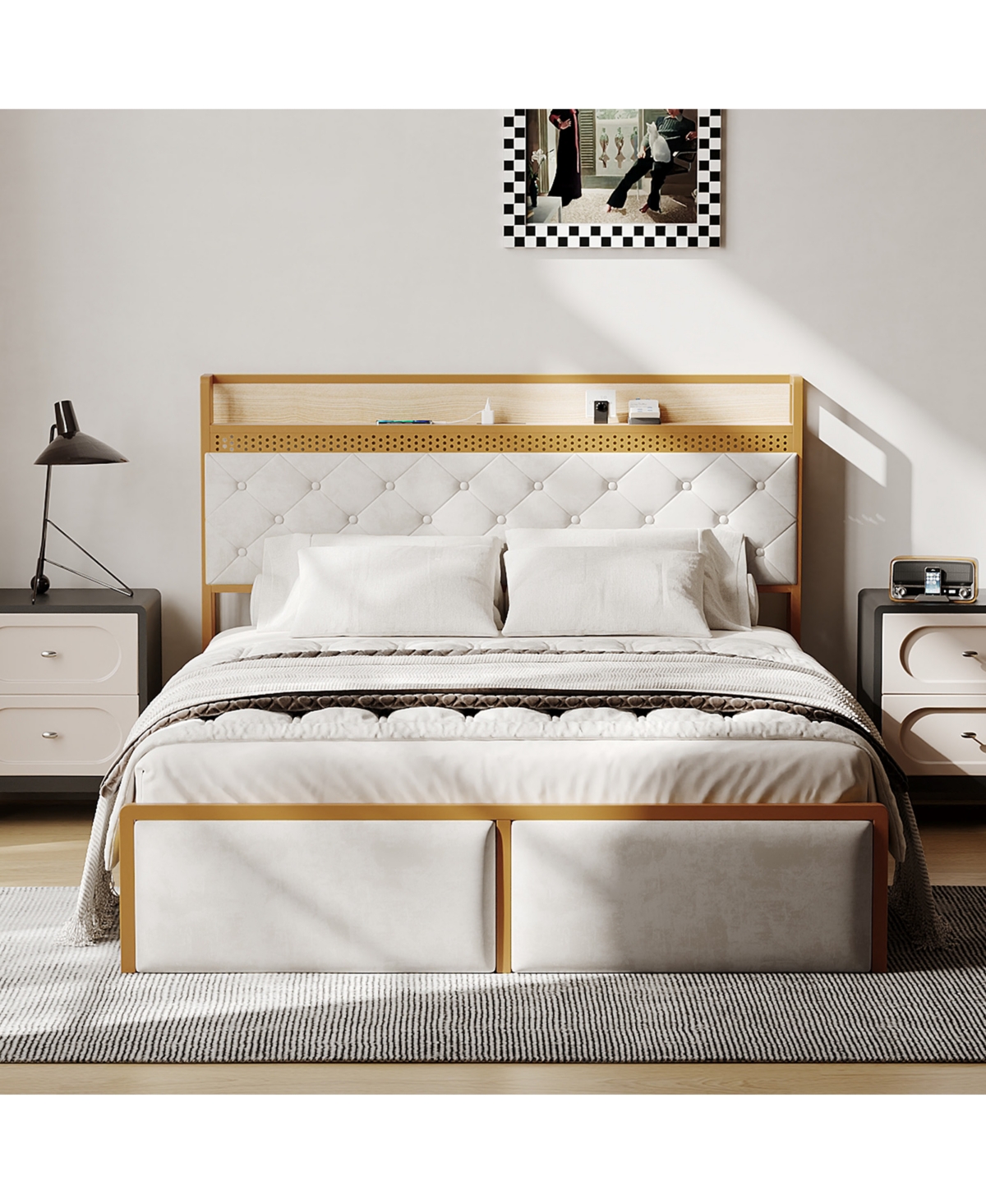 homfan Platform Bed Frame for Kids with Headboard, 2 Storage Drawers, Led Lighting, Usb Ports and Power Outlets, Silent, No Box Spring Needed