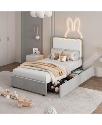 LED Bed Frame with Storage Drawer and Adjustable Headboard, Velvet Princess Platform Bed for Kids, Heavy Duty Metal Support