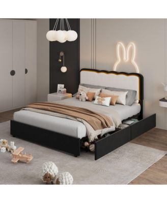 LED Bed Frame with Storage Drawer and Adjustable Headboard, Velvet Princess Platform Bed for Kids, Heavy Duty Metal Support