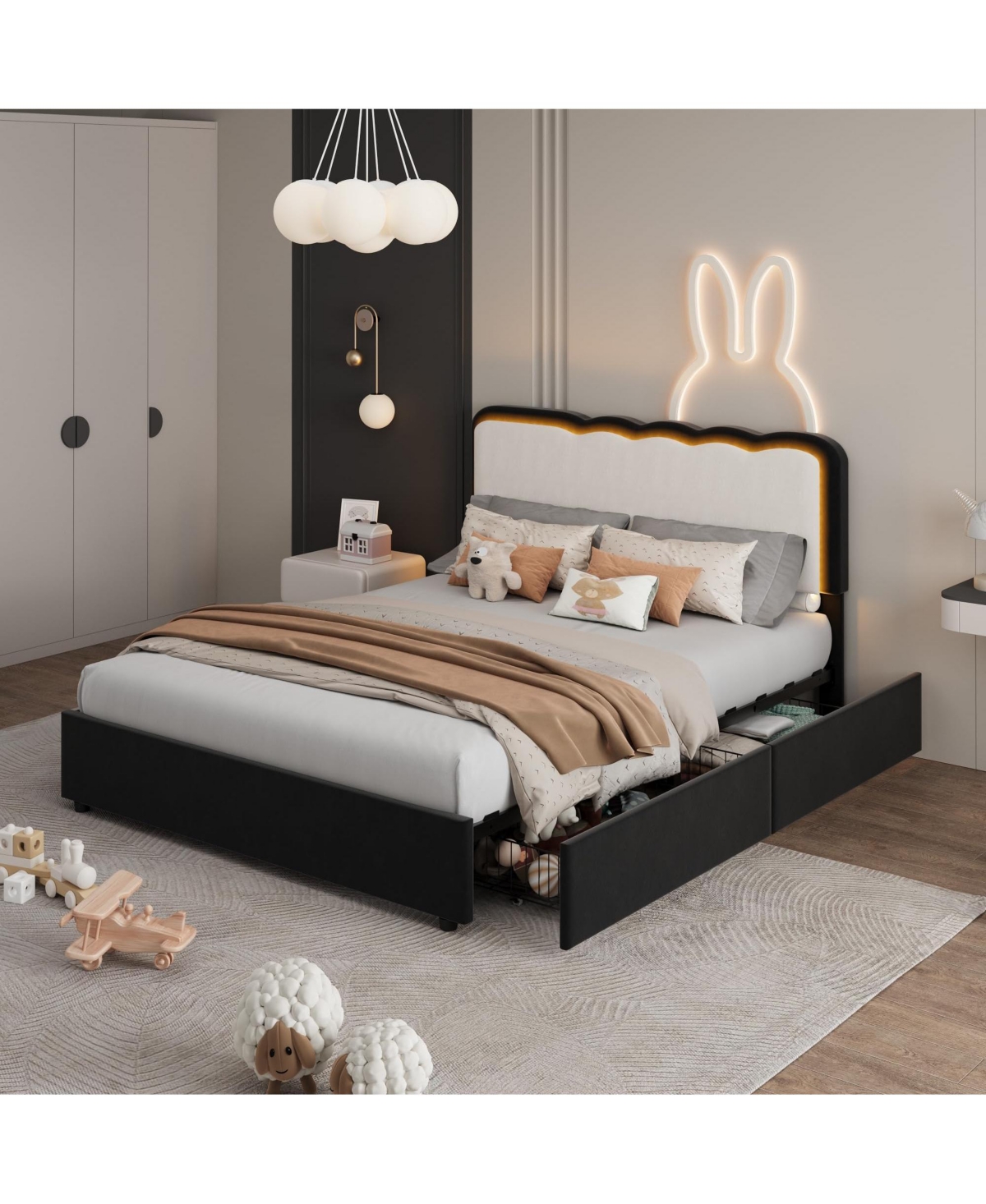 homfan Led Bed Frame with Storage Drawer and Adjustable Headboard, Velvet Princess Platform for Kids