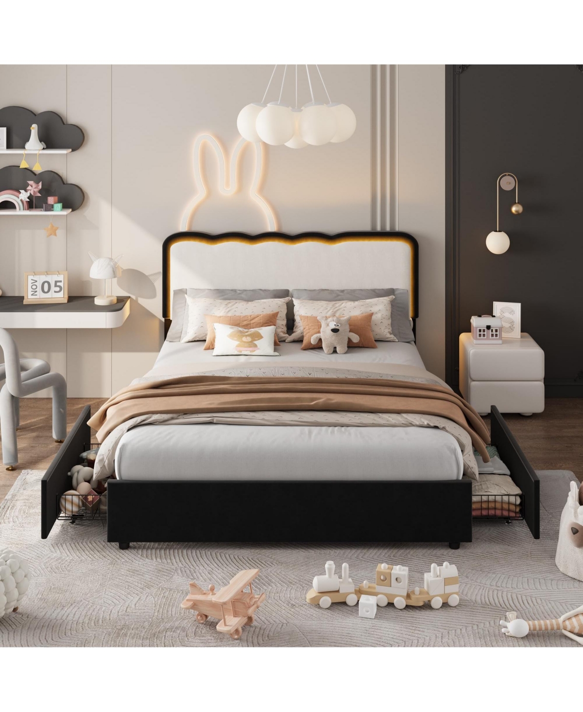 homfan Led Bed Frame with Storage Drawer and Adjustable Headboard, Velvet Princess Platform for Kids