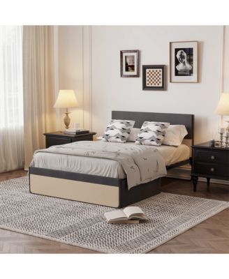 Modern Upholstered Platform Bed, Queen Size, Linen Headboard, 2 Storage Drawers, Heavy-Duty Slats, Noise-Free
