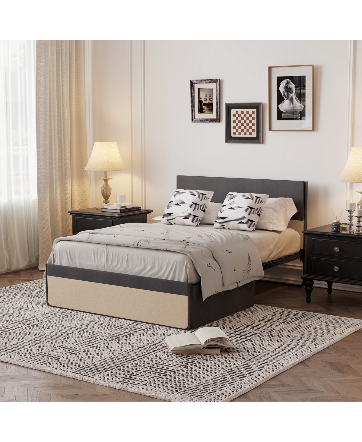 homfan Modern Upholstered Platform Bed, Queen Size, Linen Headboard, 2 Storage Drawers, Heavy-Duty Slats, Noise-Free