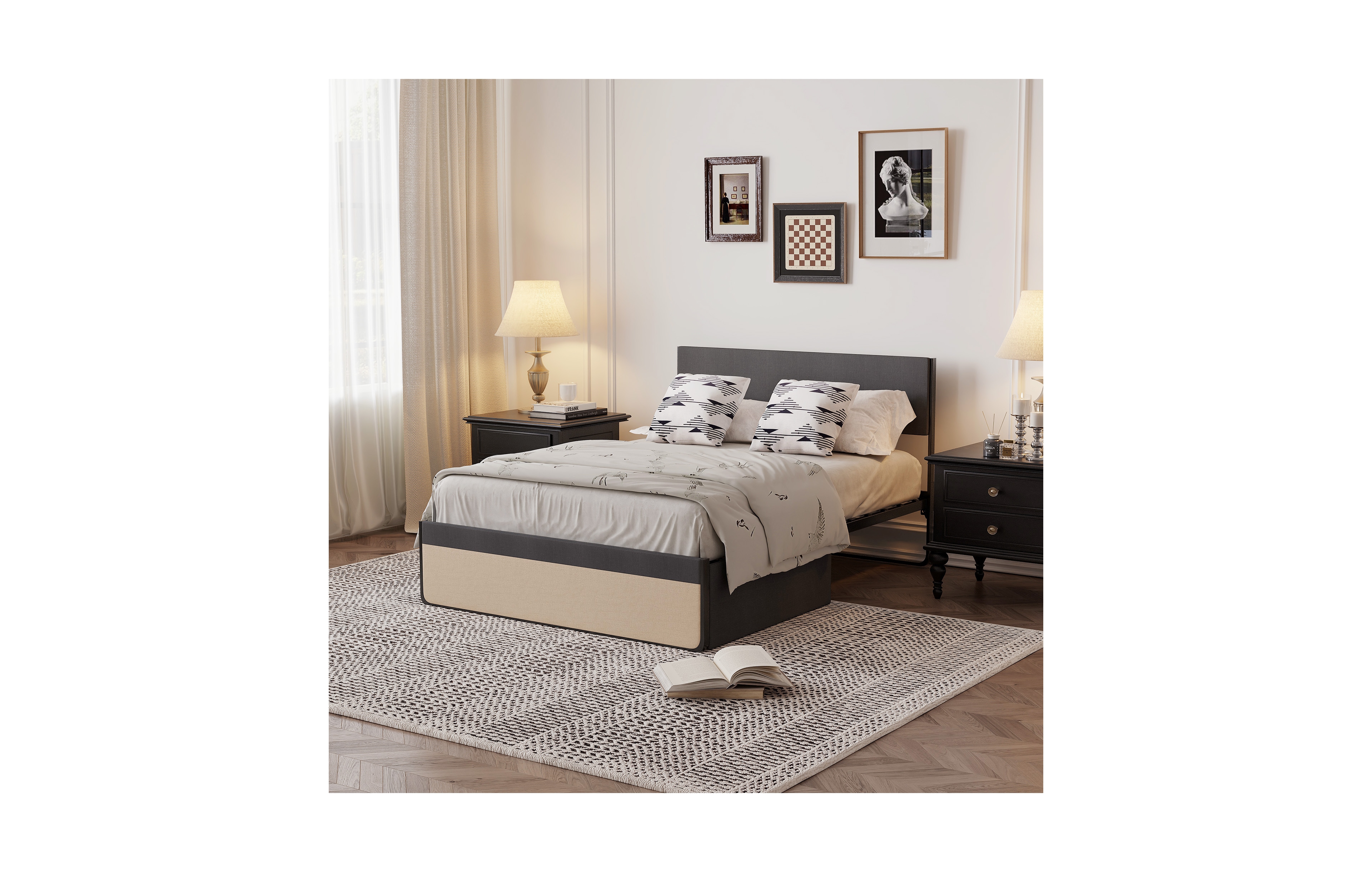 homfan Modern Upholstered Platform Bed, Queen Size, Linen Headboard, 2 Storage Drawers, Heavy-Duty Slats, Noise-Free