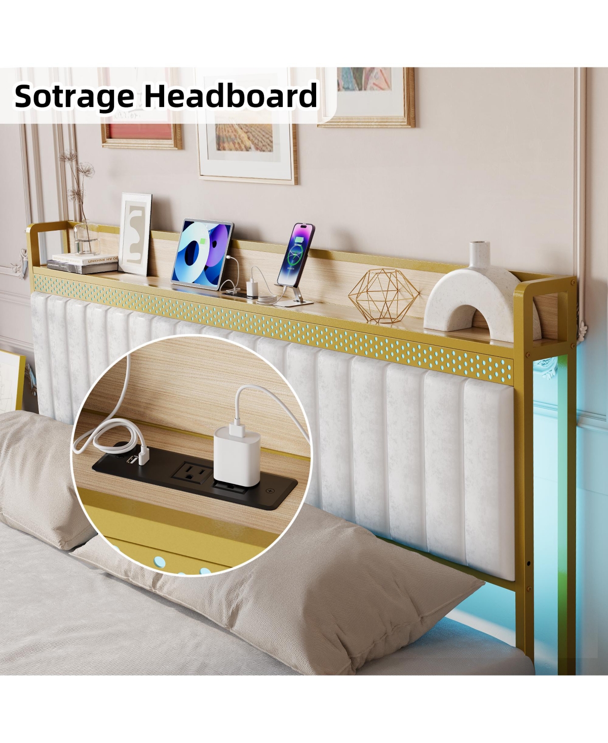 homfan Modern Upholstered Platform Bed with Storage Headboard, Led Lighting and Built-in Charging Station