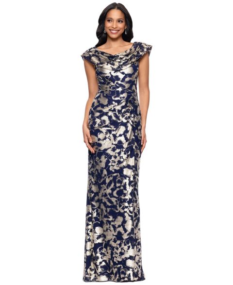 Женские платья Betsy & Adam Petite Draped Neck Gown, цвет: Тёмно-синий золотой