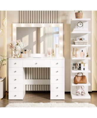 Vanity Desk with 11 Hollywood Bulbs, 11 Drawers and 7-Tier Storage Shelves