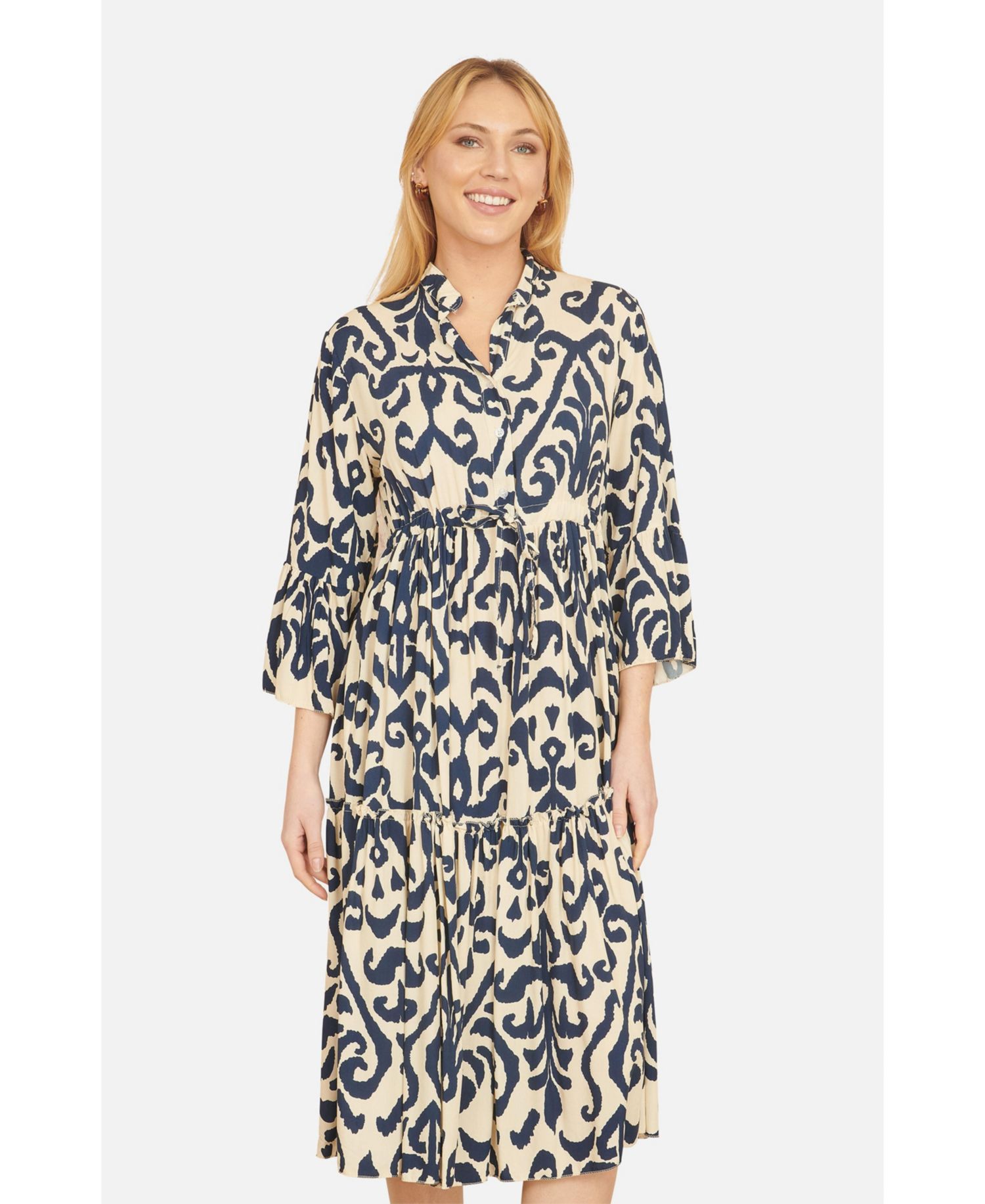 Women's 3/4 Sleeve Block Print Kaftan Dress