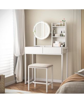 Small Vanity Desk with LED Mirror, Power Outlet, and Cushioned Stool