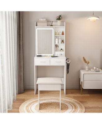 Makeup Vanity Desk with LED Lighted Mirror, Dressing Table Set with Padded Stool, Power Outlet, 2 Drawers and 6 Shelves for Bedroom