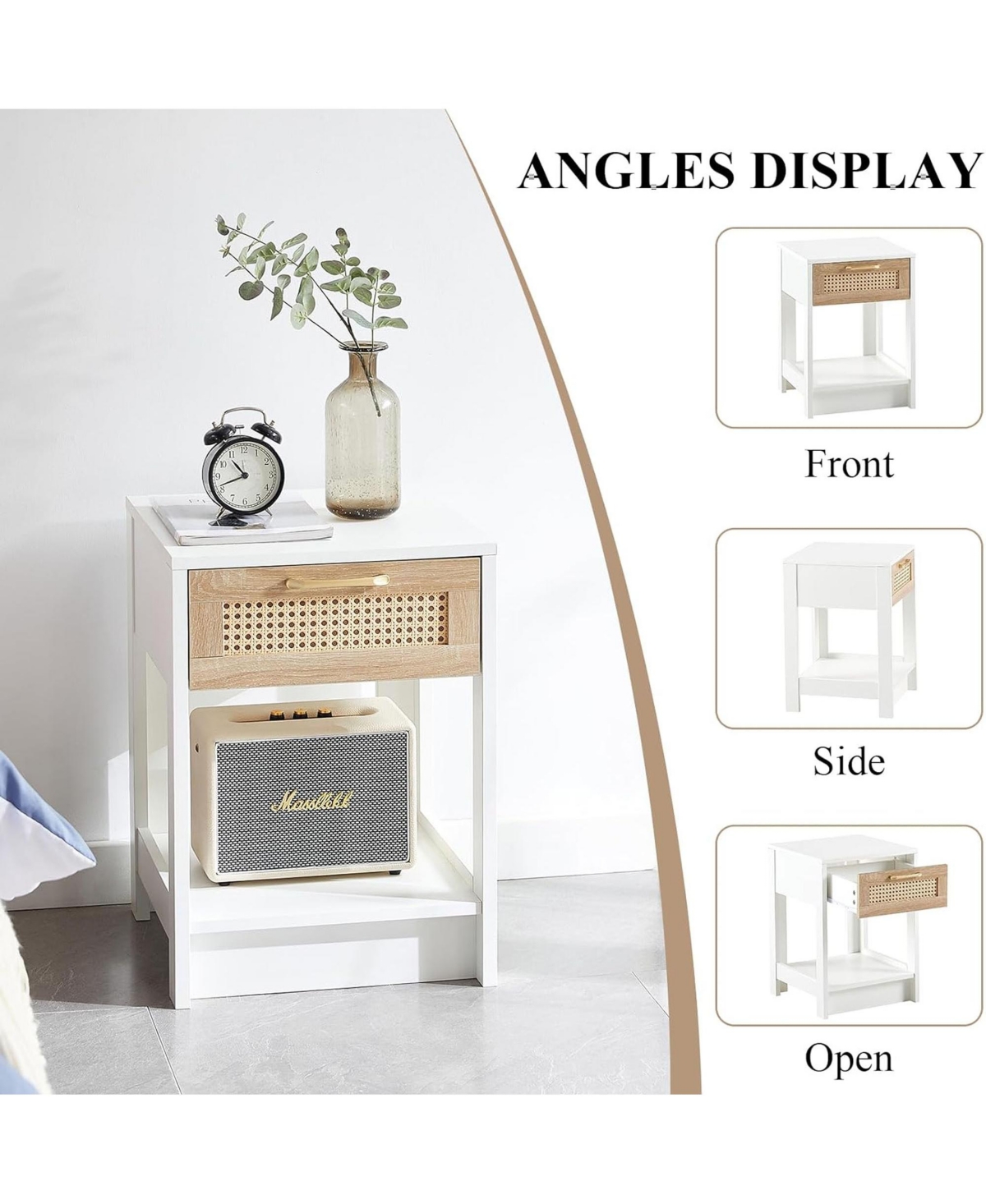 Rainsken Rattan Nightstand, Wooden Bedside Table with Drawer and Open Storage Shelf, End Table for Living Room, Bedroom