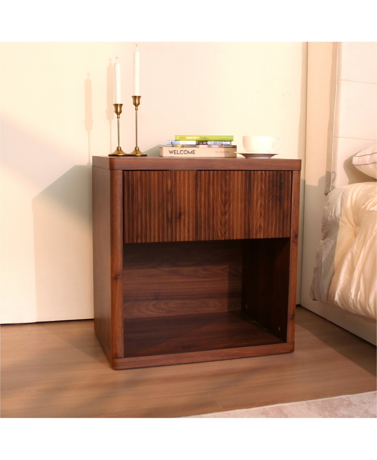 Rainsken Fluted Nightstand with Drawer Storage, Mid Century Bedside Table with Open Compartment, Wood End Table for Bedroom