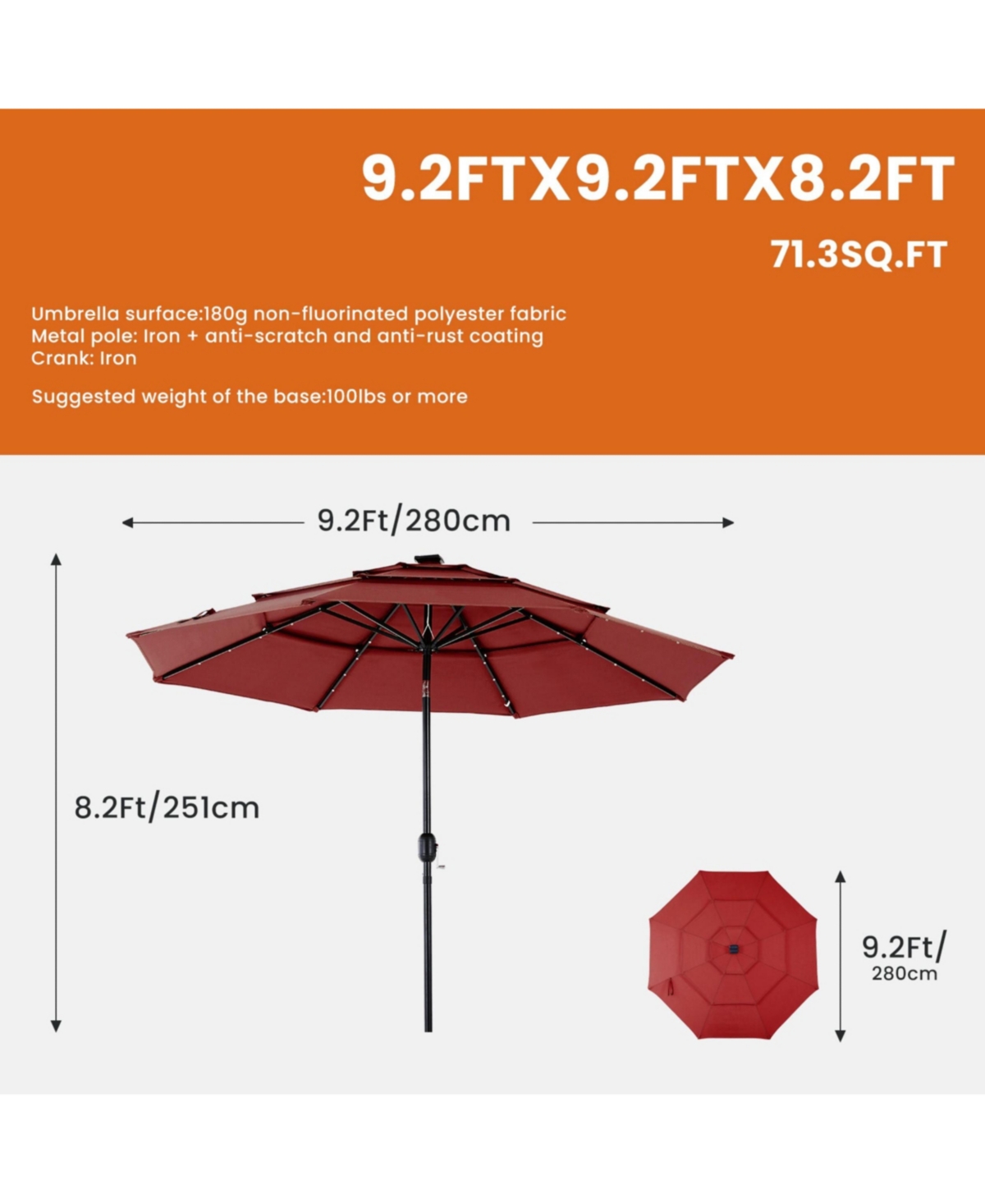 Yiortwo 9.2 Feet Solar Patio Umbrella with Led Lights 3 Tier Tilt Crank Outdoor