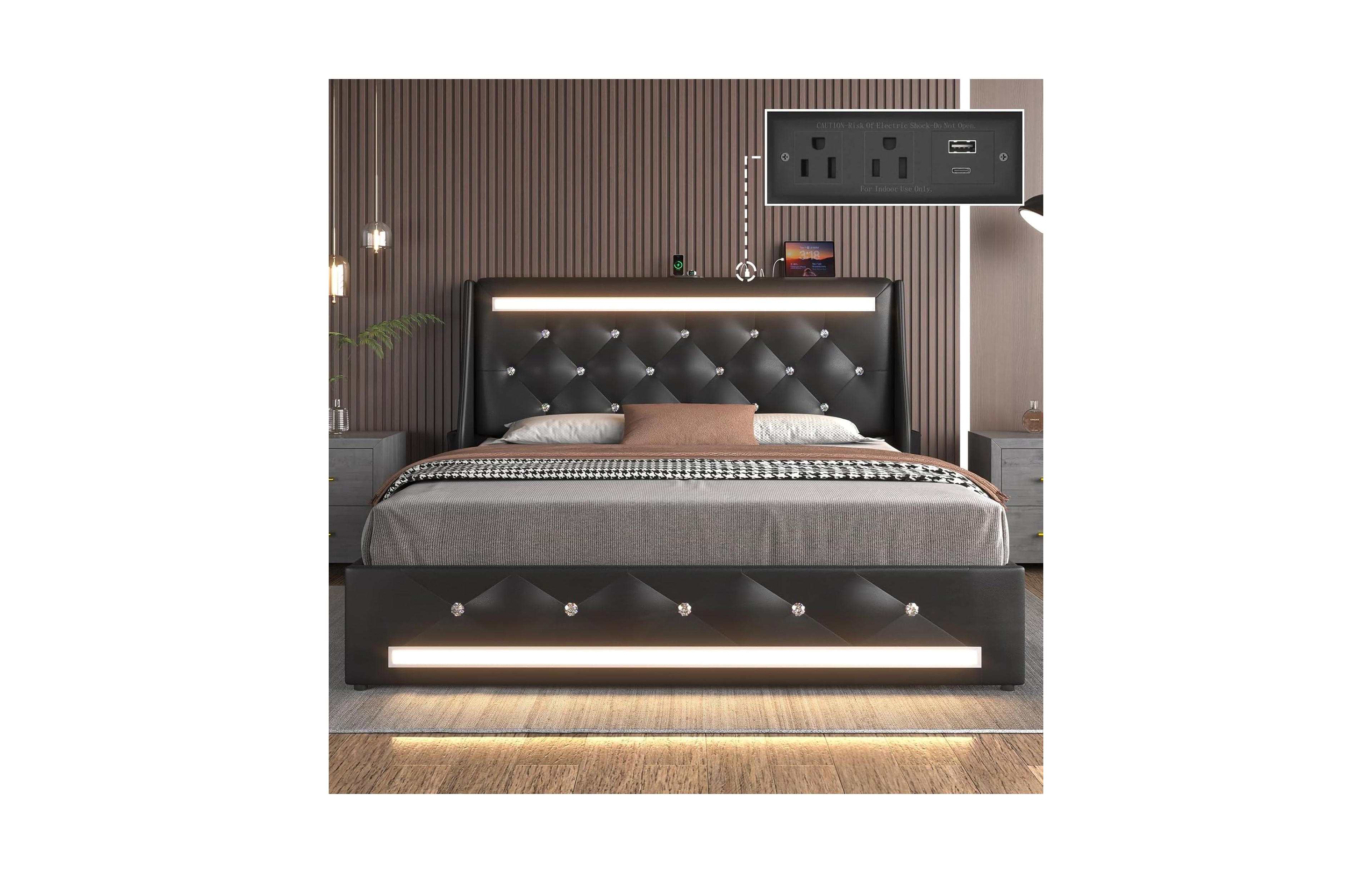 Lucky One Queen Size Bed Frame with Led Lights, Upholstered Bed Frame with Charging Station
