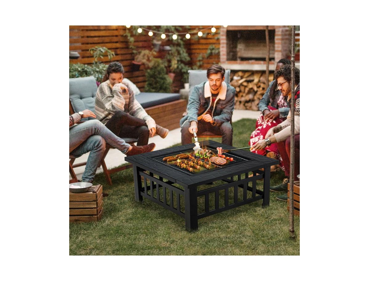 Mondawe 32 Inch 3 in 1 Outdoor Square Fire Pit Table with Bbq Grill and Rain Cover for Camping