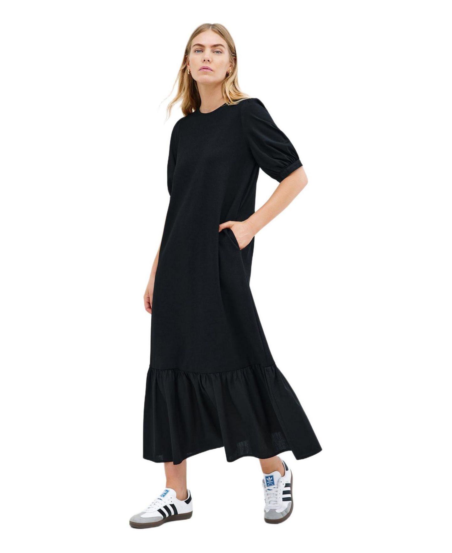 Женское платье Marcella Olivia Puff-Sleeve Crew-Neck Midi Dress with Pockets, цвет: Чёрный — фото 2
