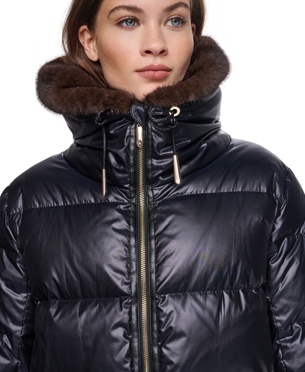 Halston Women's Long Faux Fur Cuff and Collared Puffer