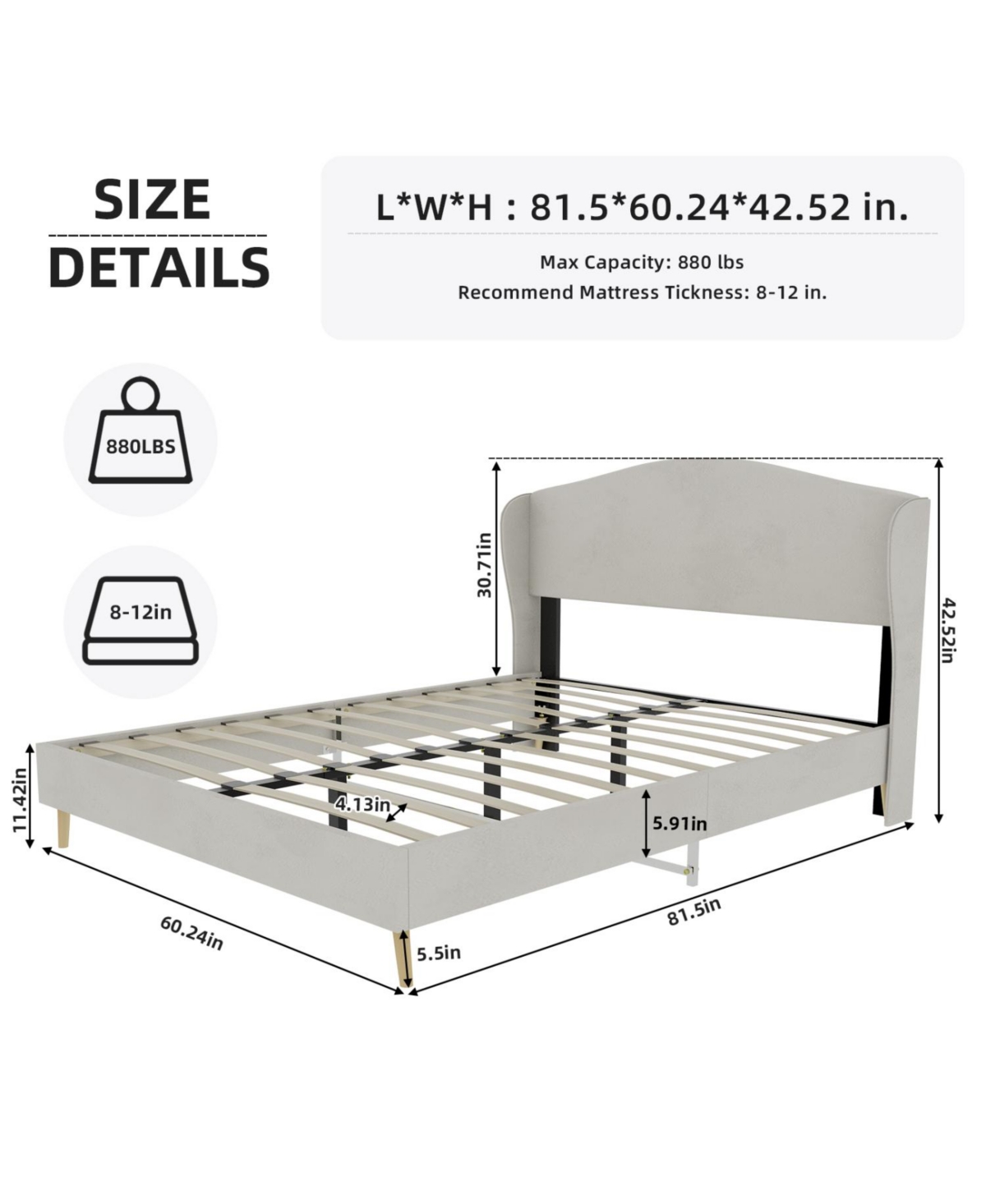 Rainsken Velvet upholstered bed Frame with Headboard, Sturdy and Durable, Wood Slats
