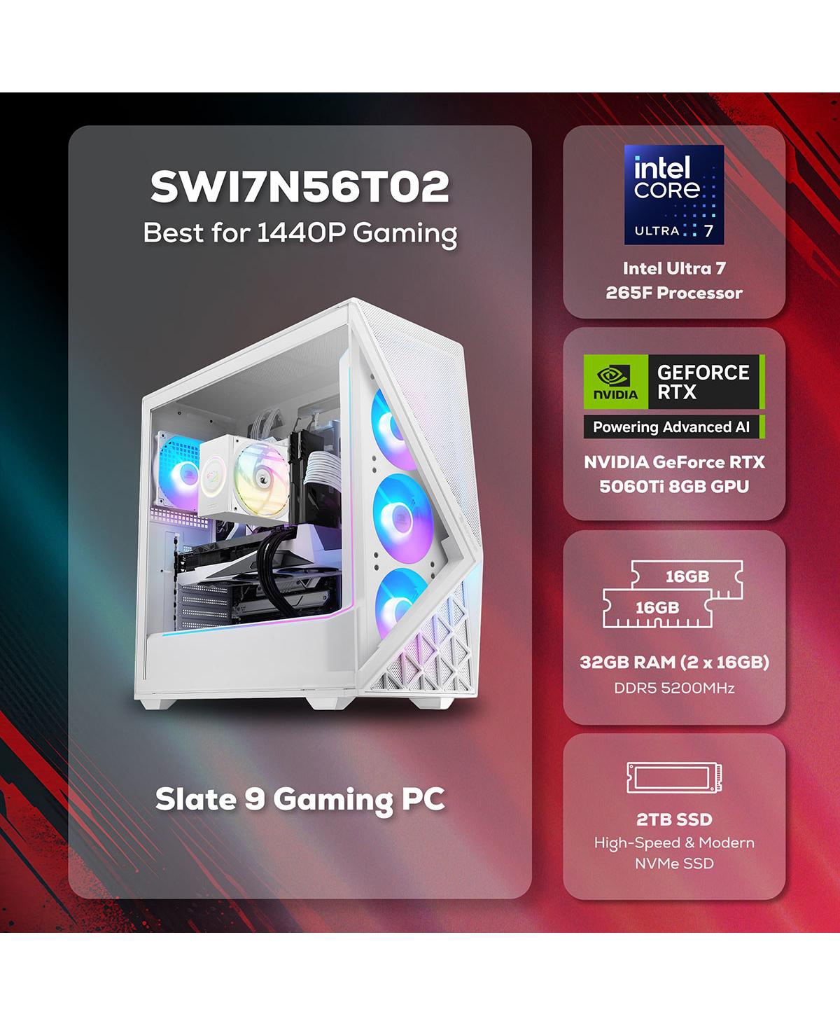 iBUYPOWER Slate SWI7N56T02 Gaming Desktop Computer, Intel Core Ultra 7 265F 2.4GHz, 32GB Ram, 2TB Ssd, Nvidia GeForce Rtx 5060Ti 8GB, Windows 11 Home