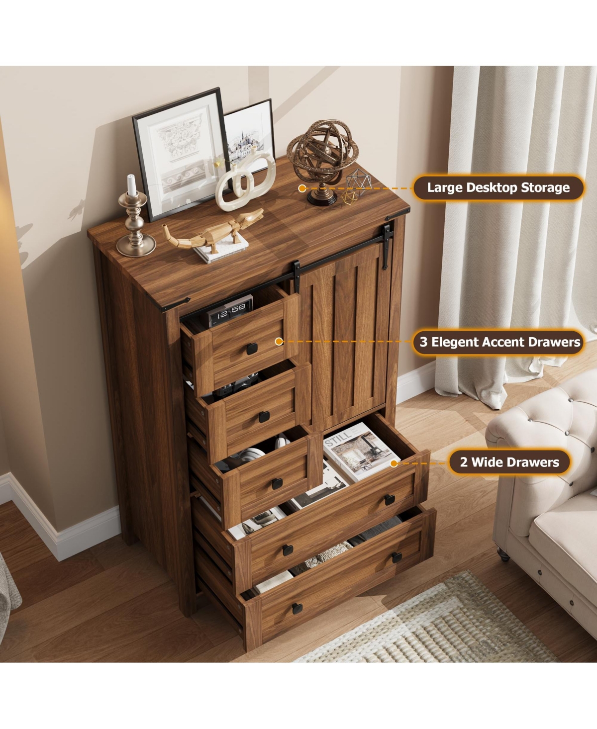 homfan Farmhouse 5 Drawer Dresser for Bedroom, Wood Dresser Chest of Drawer with Sliding Barn Door, Adjustable Shelf