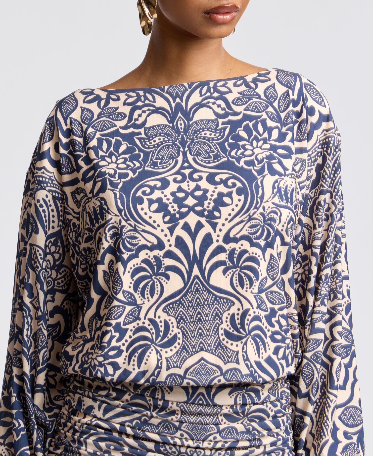 Women's Boat Neck Ruched Printed Mini Dress