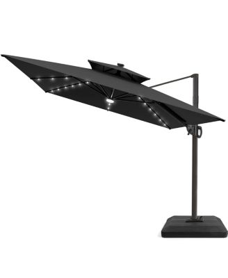 Outdoor Patio 9x11FT Aluminum Double Canopy Solar Lights Cantilever Umbrella with Base