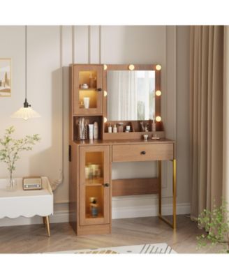 Vanity Desk with Mirror Lights Dressing Table With Adjustable Bulbs Outlets and USB Ports MDF Top and Metal Leg Storage Drawers & Cabinets