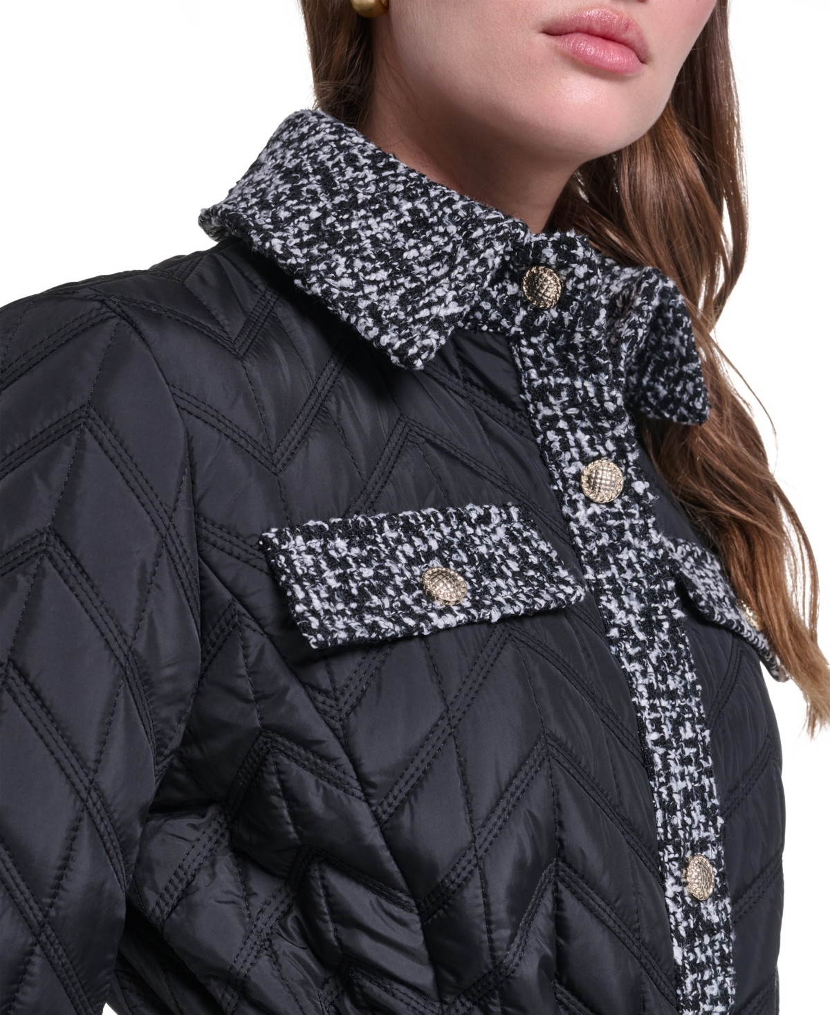 Karl Lagerfeld Paris Womens Long Quilted Tweed-Trim Coat