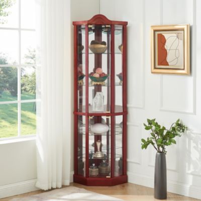 Lighted Glass Display Cabinet Corner Curio Cabinet with Adjustable Shelves Carved