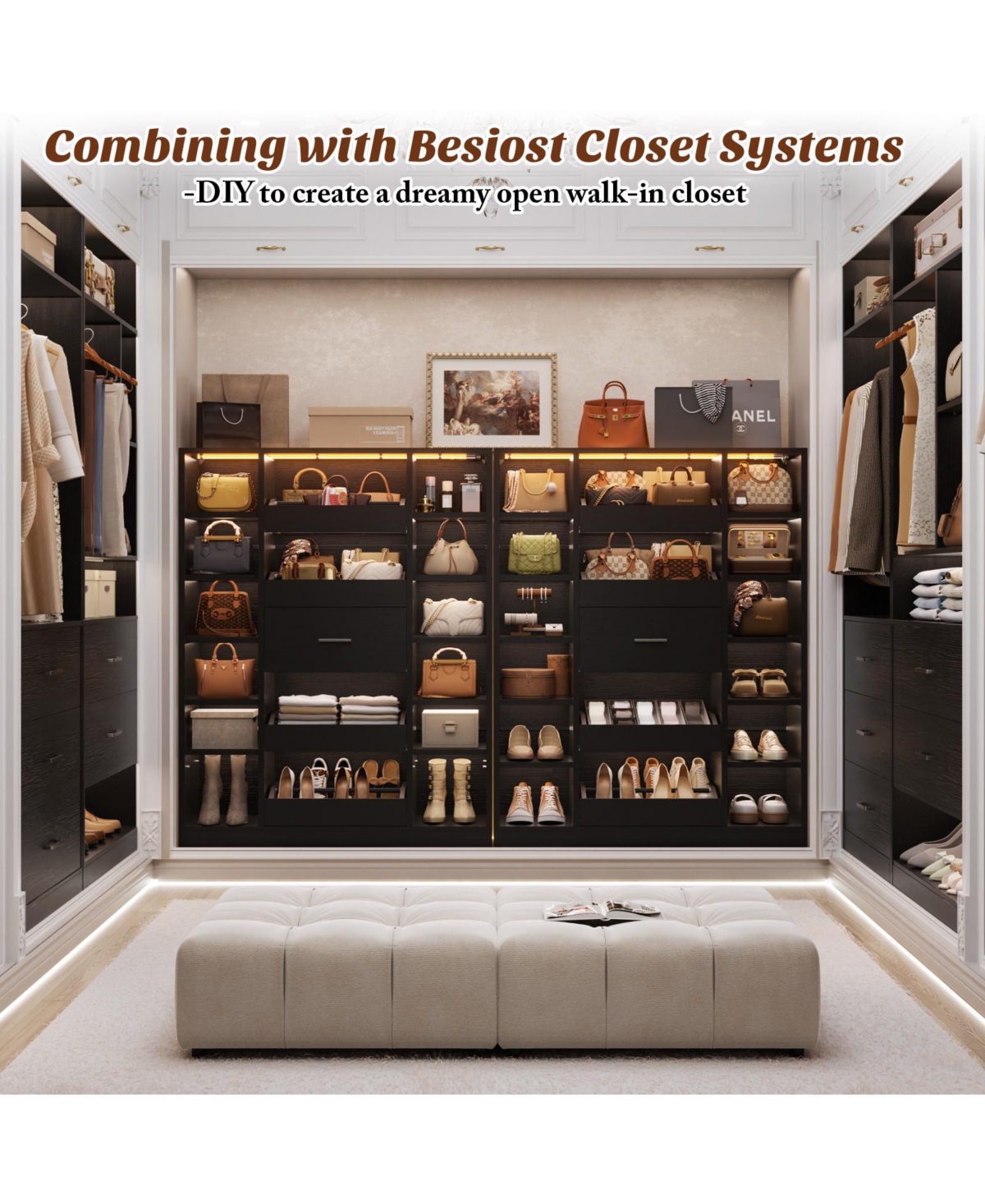 Aheaplus Wooden Shoes Cabinet with Led Lights, Freestanding Closet Organizer Drawer and Shelves