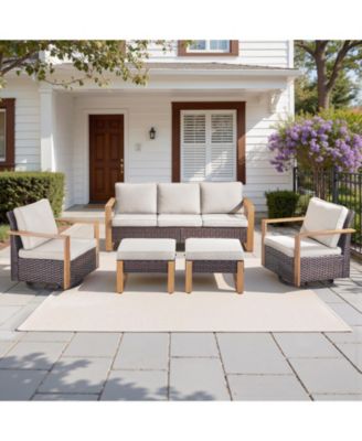 5Pieces Patio Furniture Set, Outdoor Wicker Sofa Couch with Metal Armrest, Swivel Rocking Chairs, Ottomans