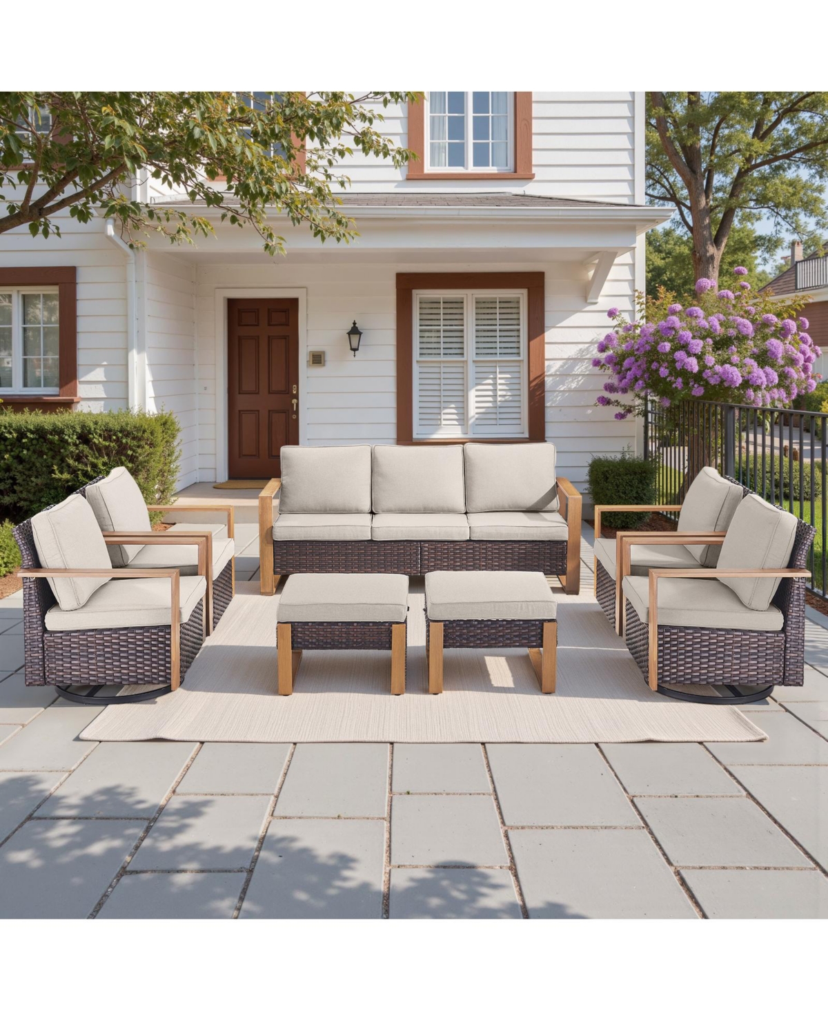Pocassy Wicker Outdoor Patio Furniture Set - 7 Piece Conversation Sets with Swivel Rocker Chairs, Ottomans and Sofa, Thick Cushions