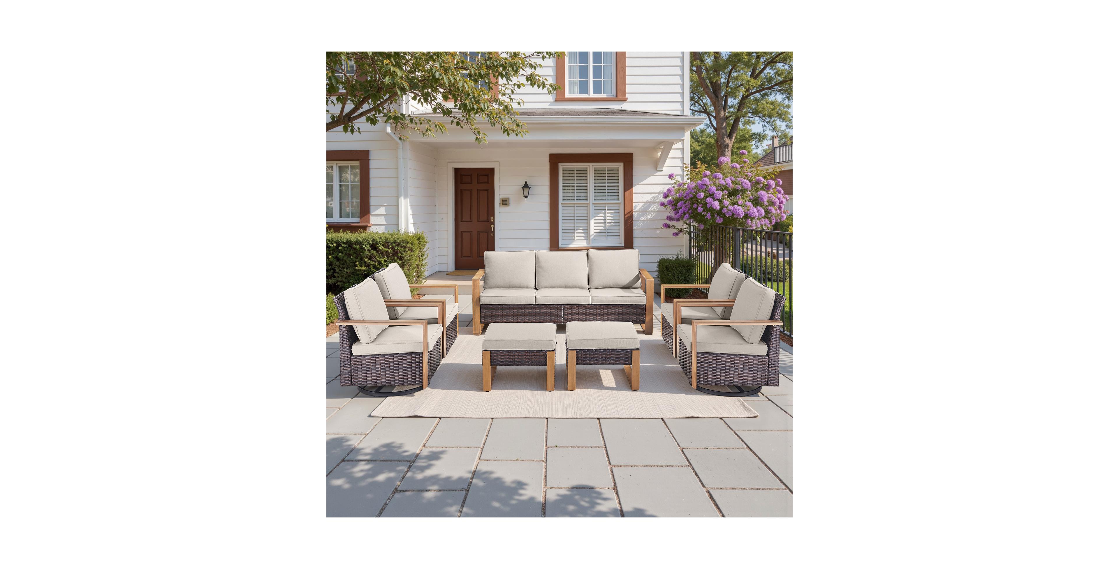 Pocassy Wicker Outdoor Patio Furniture Set - 7 Piece Conversation Sets with Swivel Rocker Chairs, Ottomans and Sofa, Thick Cushions