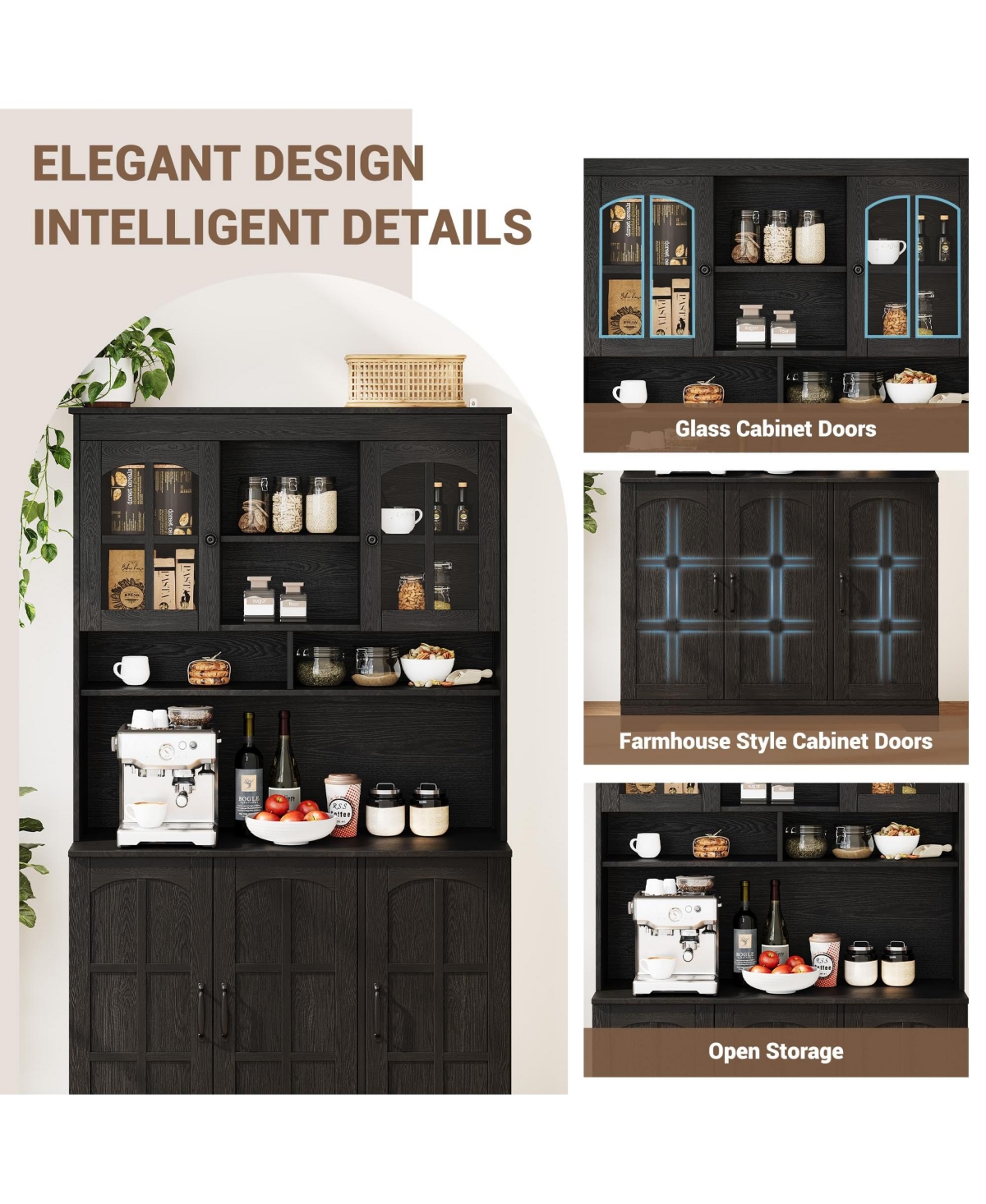 gaomon 70.9-Inch Kitchen Pantry Cabinet with Hutch, Glass Doors and Charging Station for Dining Room