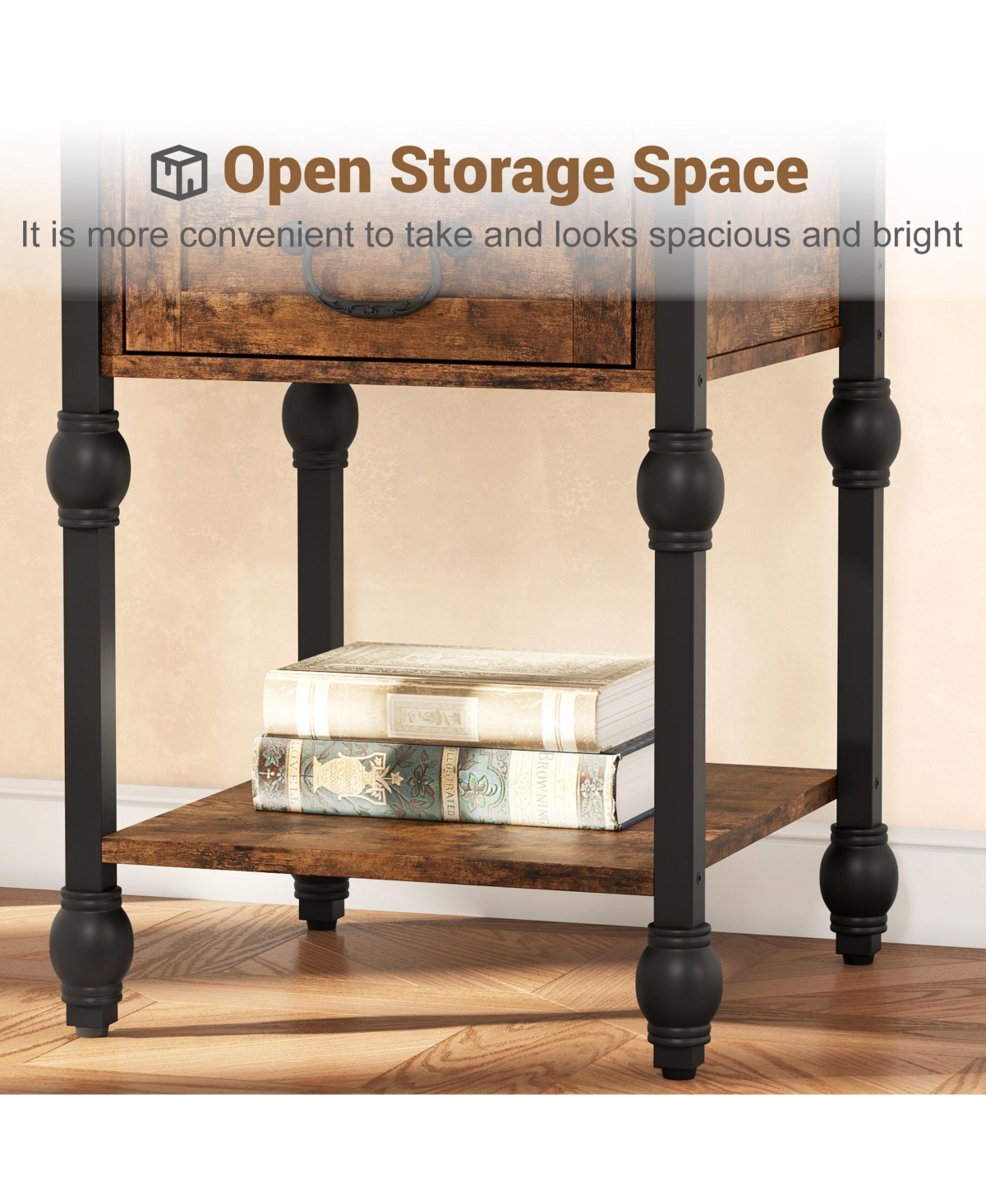 homfan Industrial End Table with Drawer and 2 Tiers, Retro Brown Nightstand for Bedroom Living Room